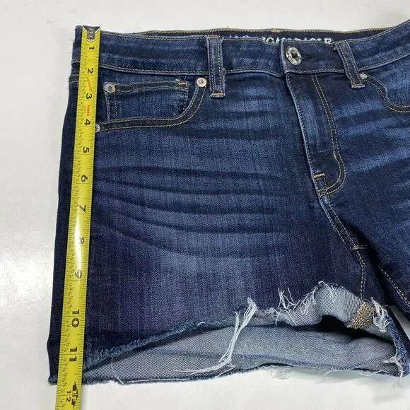 American Eagle Shortie 8 Midrise Super Stretch Denim Shorts Dark Raw Hem EUC - Picture 6 of 10